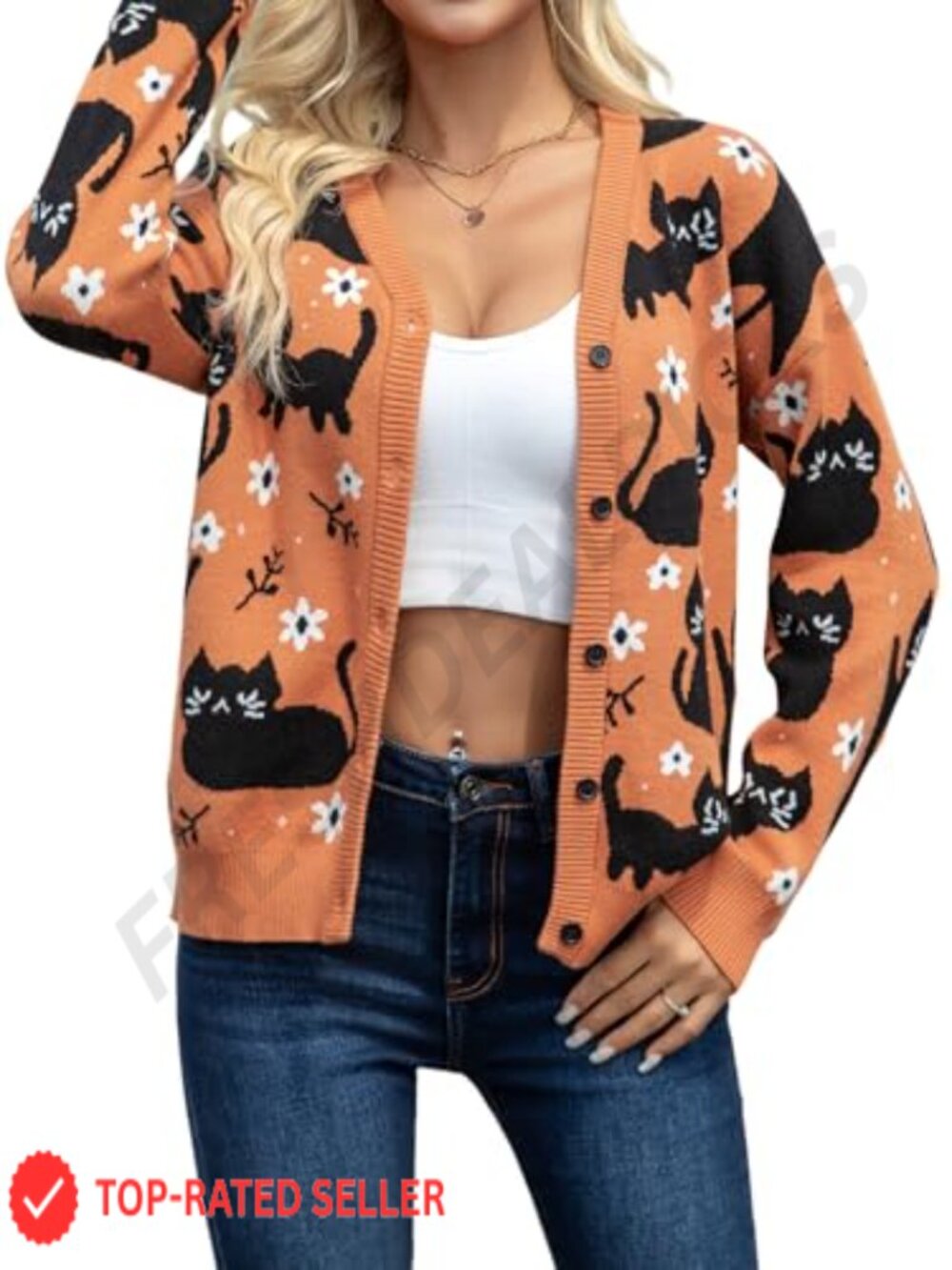 Cat Cardigan Button Down V Neck Long Sleeve Soft Knit Sweater Women